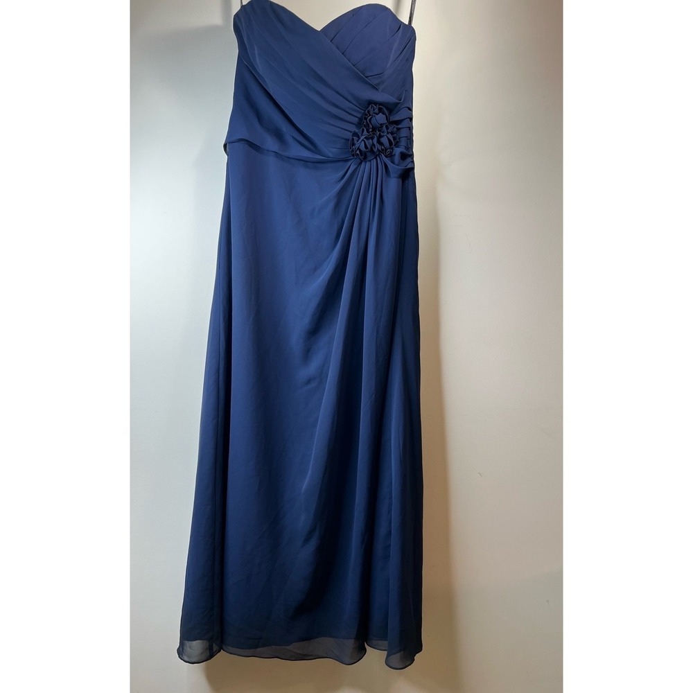 ALFRED ANGELO 14 Navy Strapless Chiffon Evng Gown Ruched Bodice & Floral Detail - Picture 2 of 9